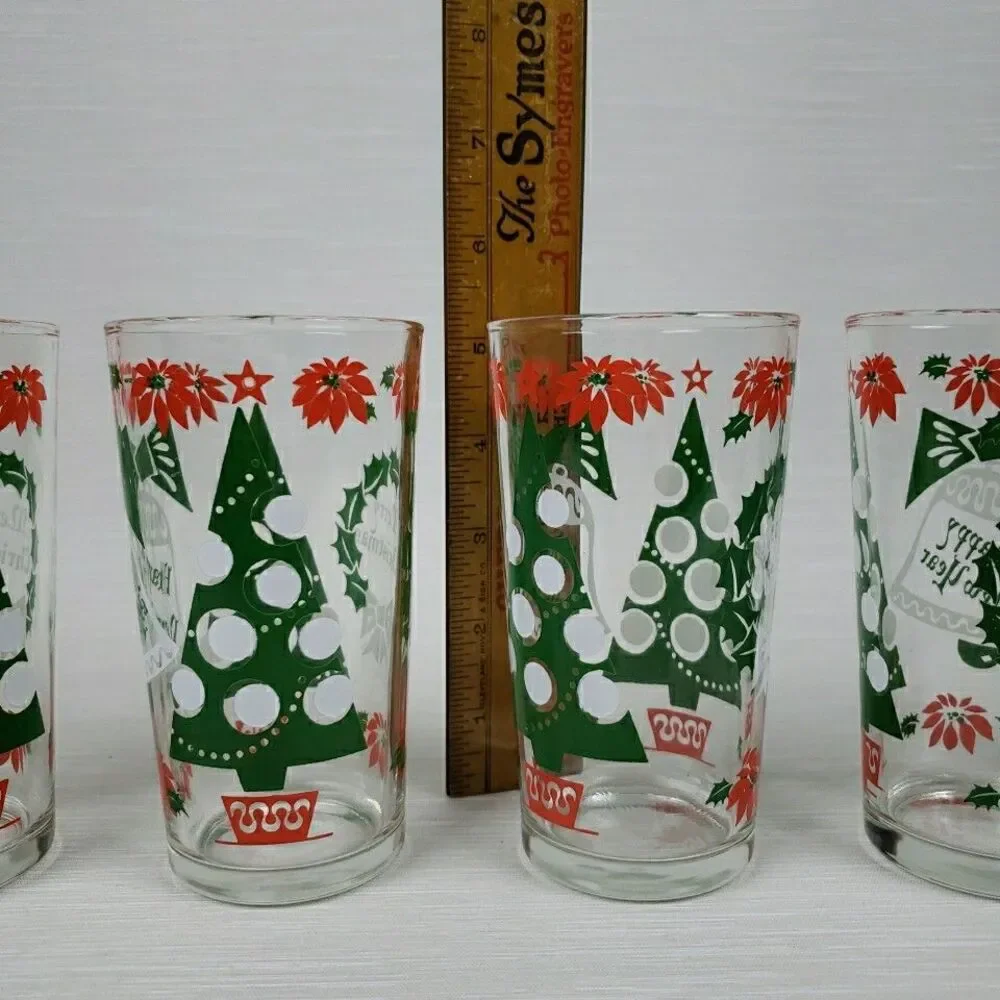 Vintage 7 Merry Christmas Happy New Year Cups Tumblers Continental Glass MCM